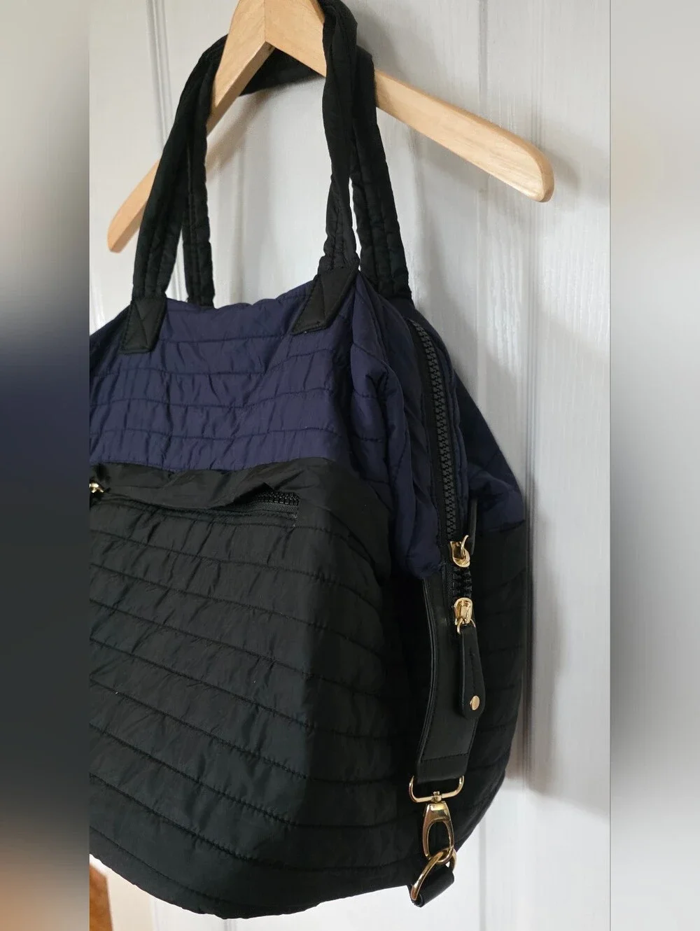 Sondra Roberts Squared Quilted Tote Bag, Navy and Black With Goldtone Hardware.
